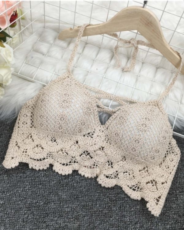 Beiges Crochet Top mit Blumen Haekelmuster - Neckholder Boho Hippie Crochet Top