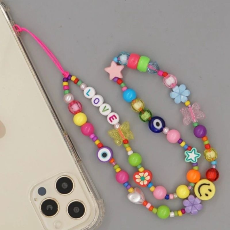 Farbige Perlenkette Handykette Handy Accessoires mit Schmetterlingen, Love Buchstaben, Herzen und Smileys