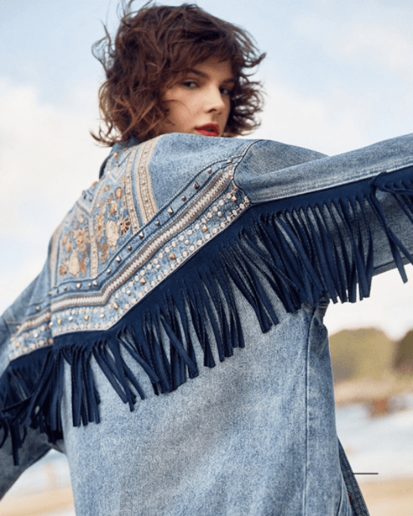 Gipsy Jeansjacke mit Fransen Stickereien – Boho Denim Look