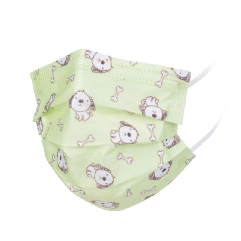 Kinder Einwegmaske in gruen mit Hunden und Knochen Motiven auf der Maske - Mundschutz Hygienemasken fuer Kinder
