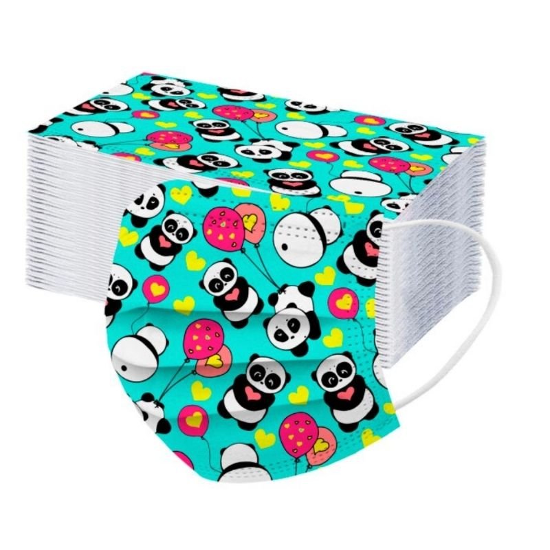 Kinder Hygienemaske Einwegmasken in gruen mit Pandas und Ballons - Farbige Kindermasken mit Motiven