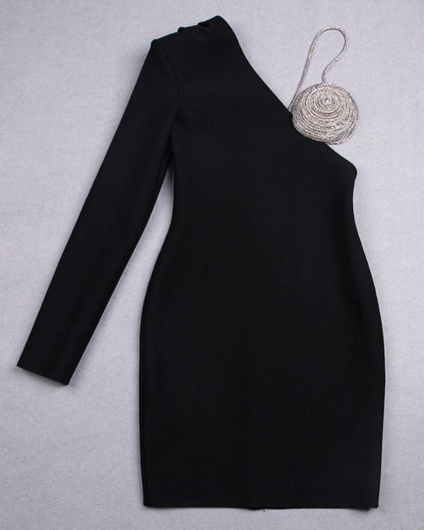 Schwarzes Bodycon Club Kleid mit langarm Schulter und Diamanten Glitzer Brust