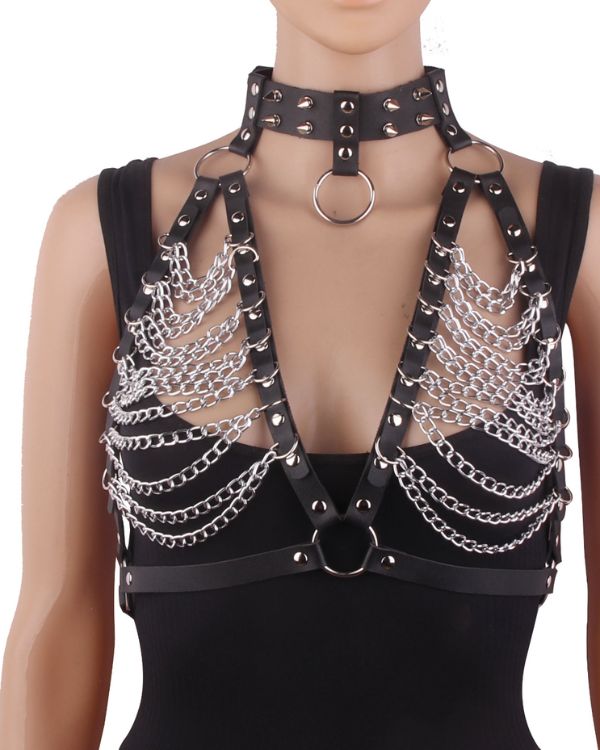 Harness Fetisch Oberteil aus Ketten und Kunstleder Guertel mit Nieten Choker
