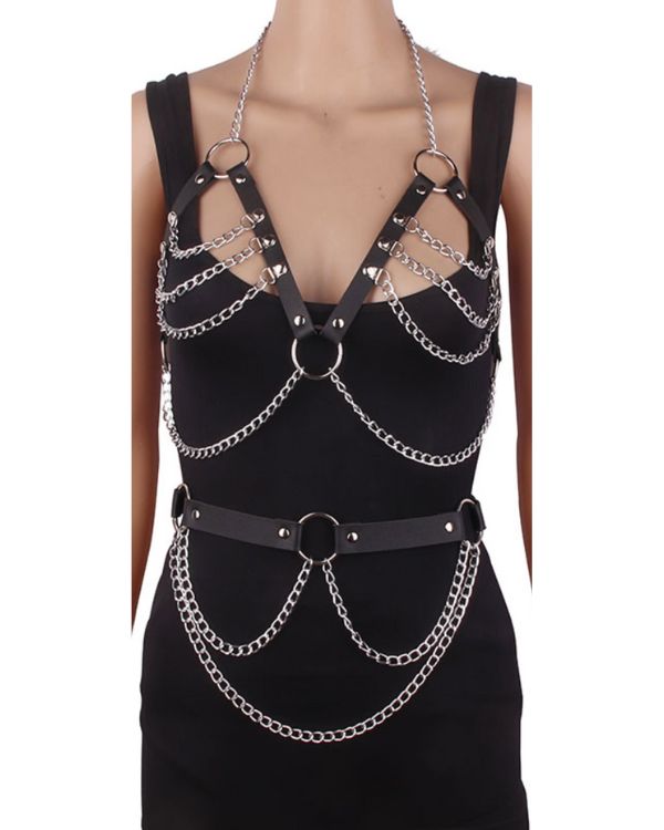 Damen Koerperguertel Harness Set aus BH Neckholder Ketten und Kunstleder Gurt mit Nieten - Taillen Gurt mit Ketten