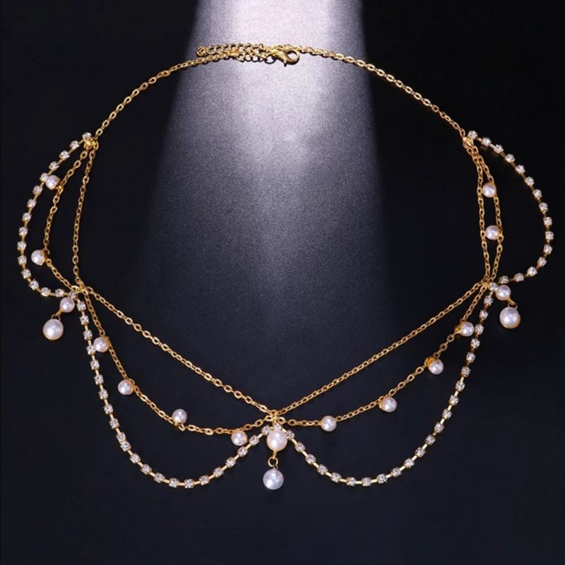 Goldene Kopfkette aus diversen Ketten aus Kristall Zirconia Steinen und Perlen 
