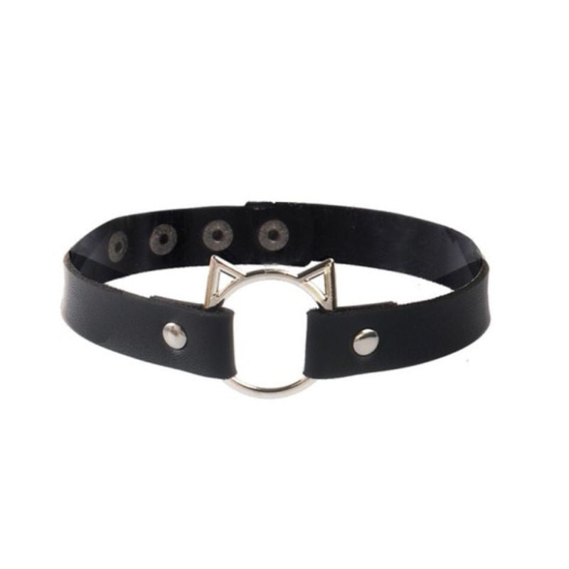 Schwarzer Choker mit silbernem Katzen Ohren Symbol - Fetisch Accessoire Halsband
