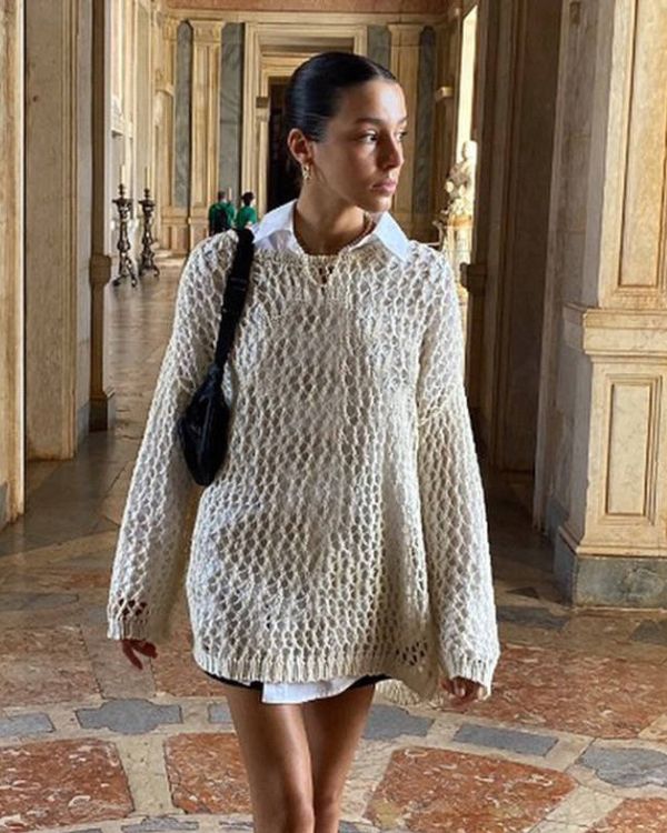 Weiss beiger Oversize Netzpullover Crochet Netz Shirt langarm mit rundem Kragen