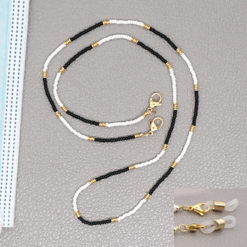 Maskenkette Perlenkette Brillenkette aus feinen Perlen in schwarz weiss und gold