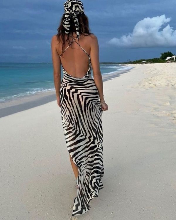 Sommer Strand Kleid mit Zebra Muster und gekreuzten Traegern - Schlitz Oeffnung Kleid mit Zebra Muster 