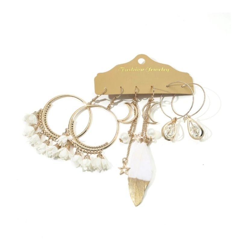 Ohrringe Set Modeschmuck aus Boho Hippie Style Ohrringen mit Mond, Feder und Blumen Symbolen