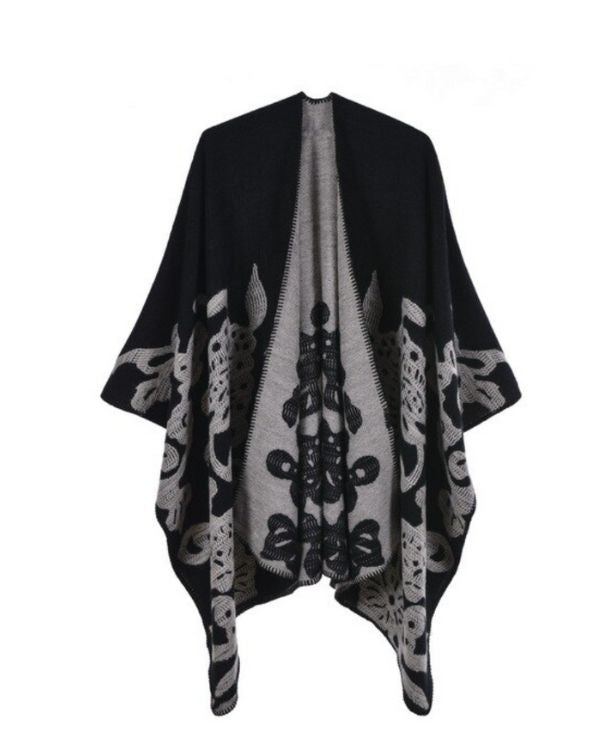 Poncho Cape in asymmetrischen Schnitt mit stillvollen Blumen Schmetterlings Mustern - Schwarz grauer Boho Cape
