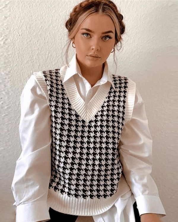 Pullunder Pied de Poule - Damen - Pullover ohne Ärmel - Hahnentrittmuster - Strickpullover - Strickkleider Damen - schwarz-weiss