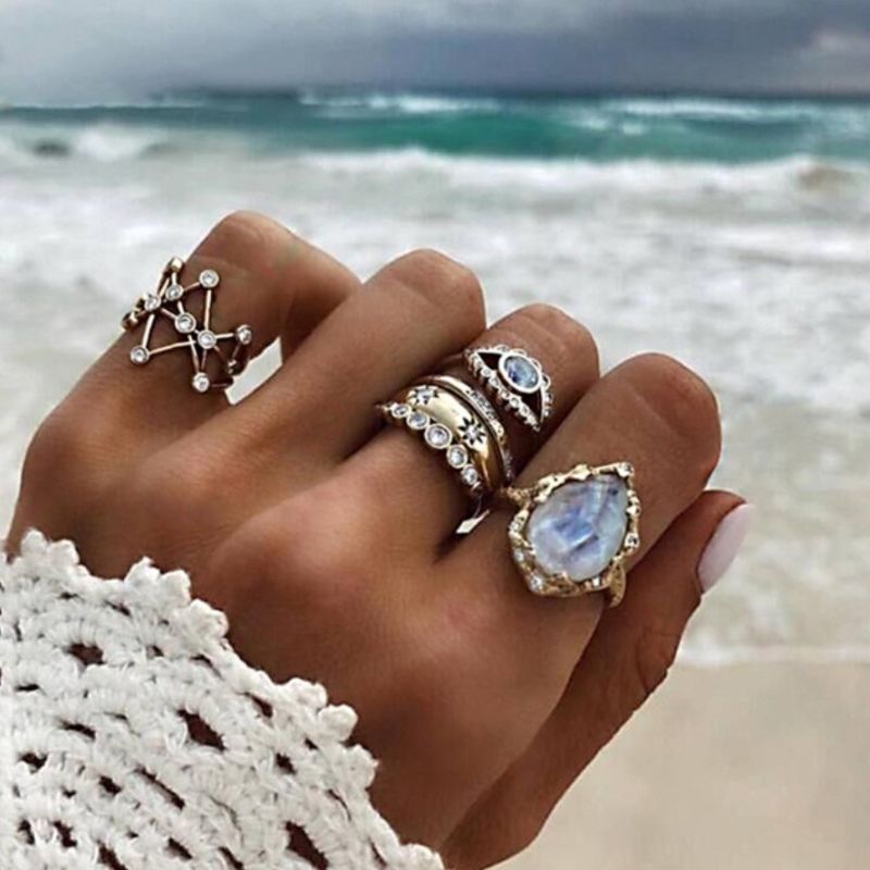 Ring Set Sea Breeze Goldene Edelstein Fingerring Set