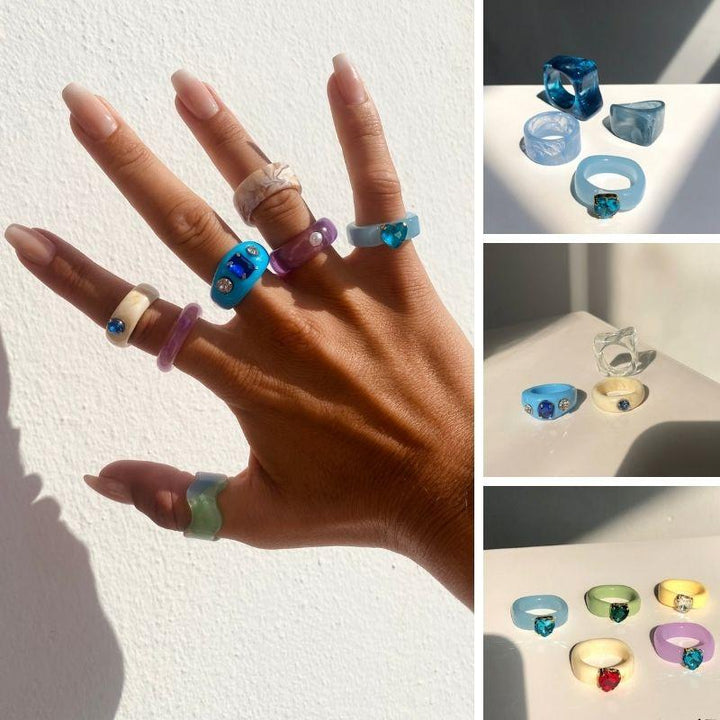 Farbige Vintage Acryl Fingerringe Modeschmuck Ringe Glitzersteine