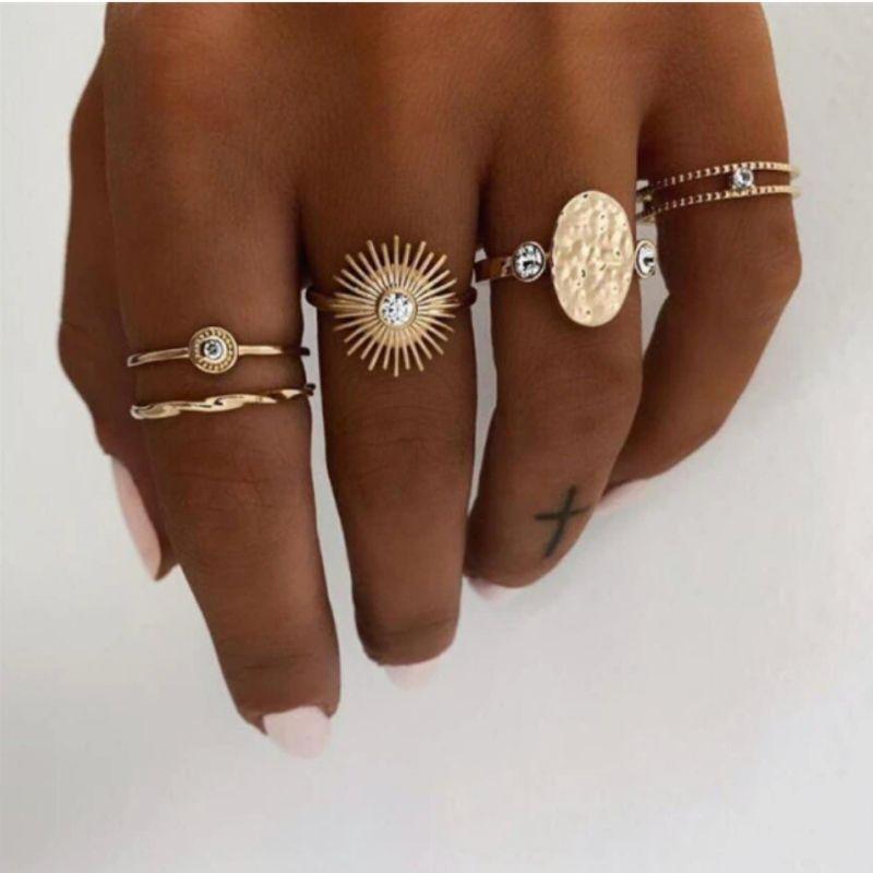 Goldene Fingerring Set Damen - Feine Ringe Modeschmuck Boho - Sonnen Ring mit Stein