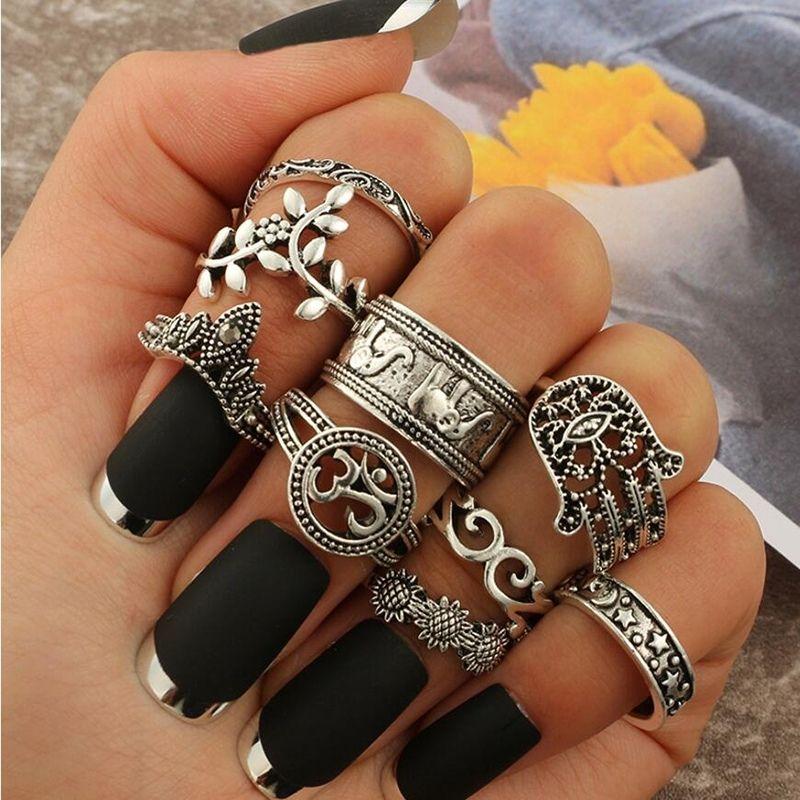 Boho Hippie Style Fingerringe Ring Sets mit Fatima Hand und Om Zeichen
