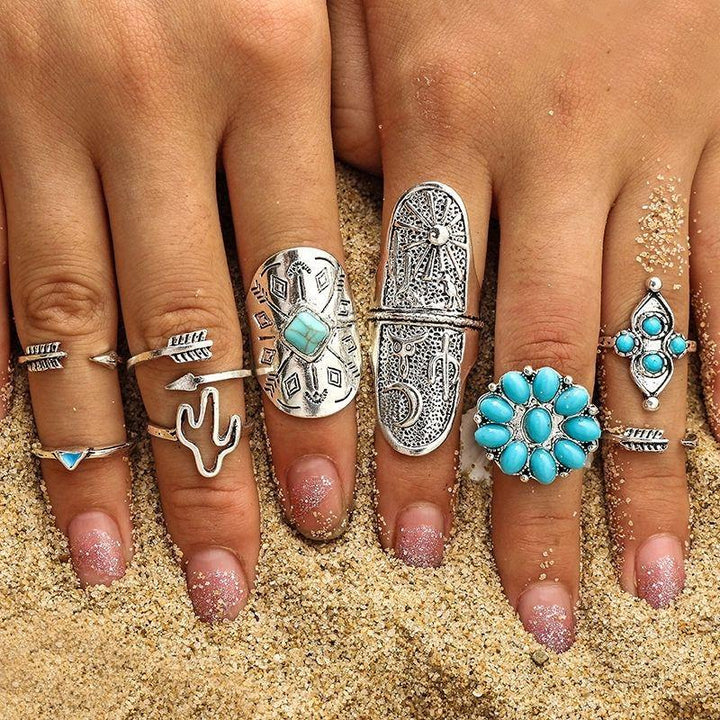 Boho Ring Set aus diversen Ringen im Hippie Style mit Kaktus und Blumen