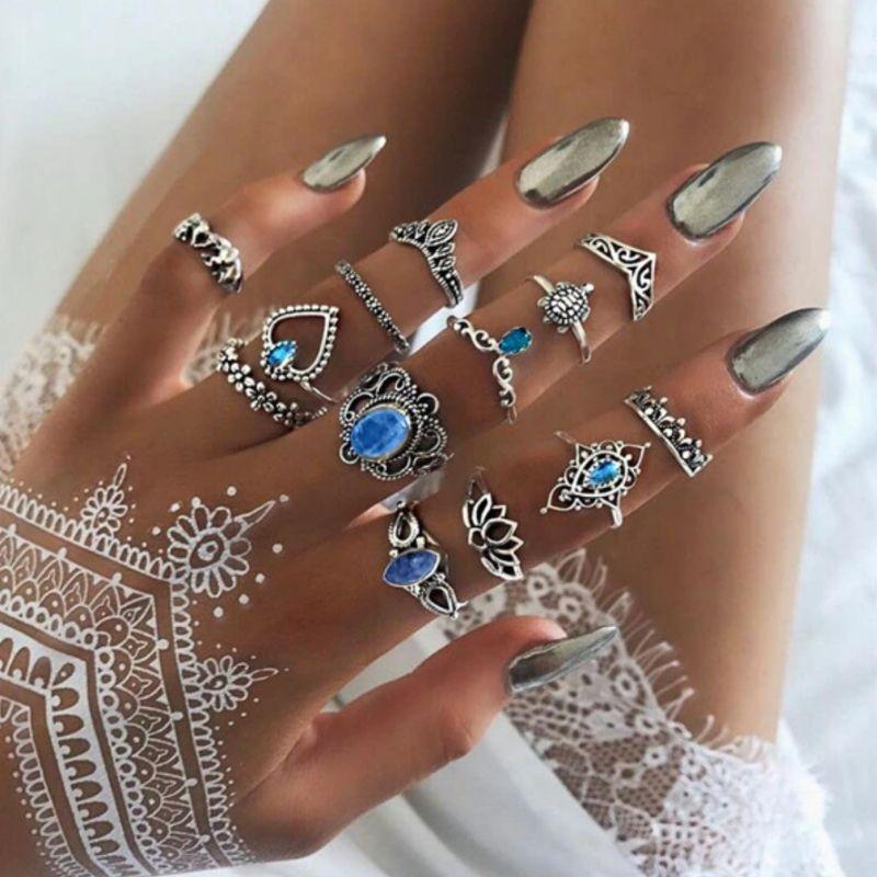 Boho Fingerringe Ringe Kuckle Ringe mit Steinen und Symbolen