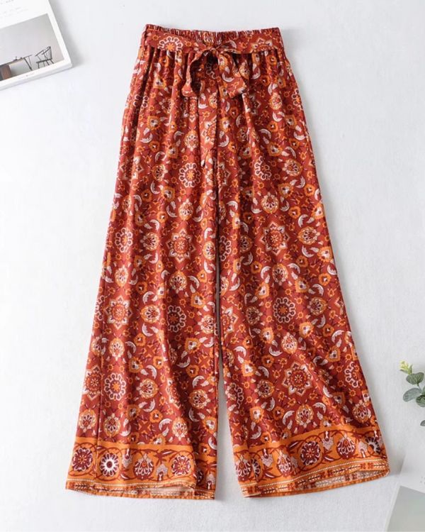Rot Orange Damen Blumen Hosen - Weite luftige Hippie Hosen