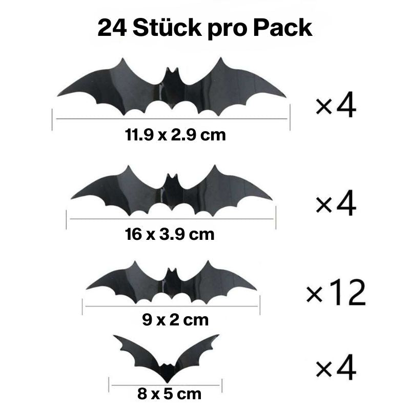 "Schwarze 3D Fledermäuse zur Wanddekoration in einem Pack von 24 in diversen Grössen