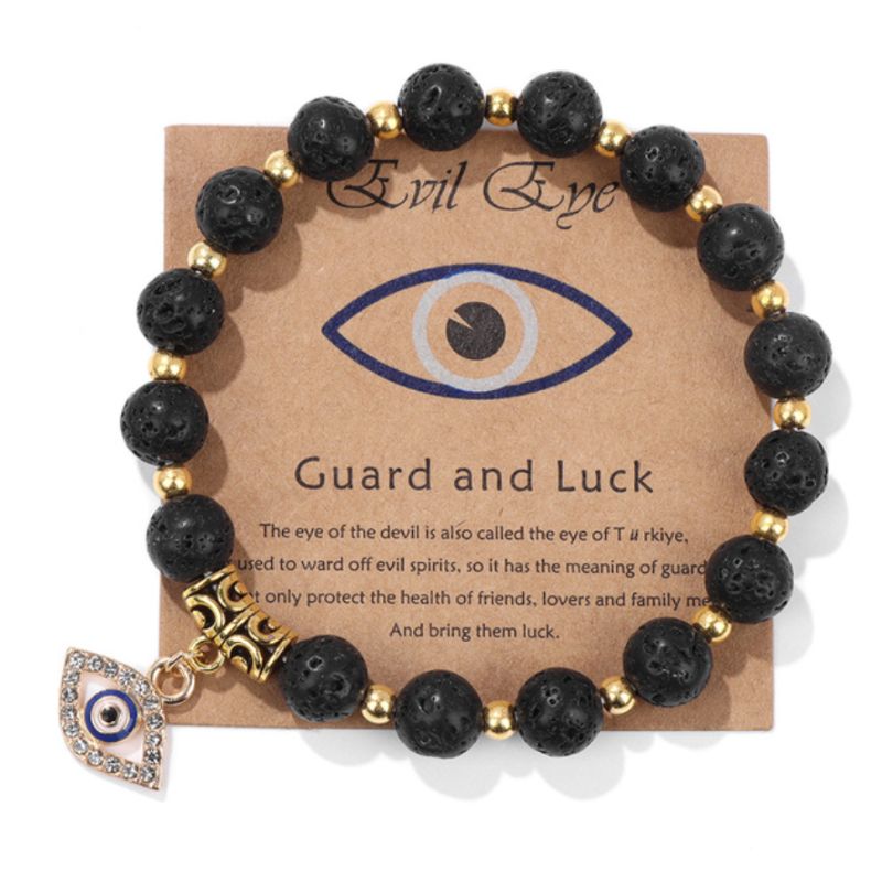 Schwarzes Armband aus Lavasteinen und Evil-Eye Glitzerauge Anhänger