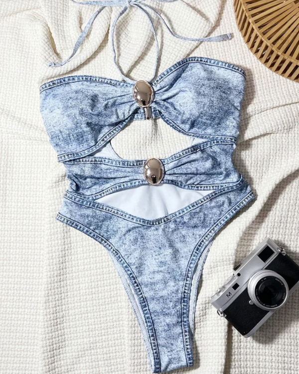 Figurformender Badeanzug mit Cut-Outs - Hellblaue Monokini mit Cut-Outs 