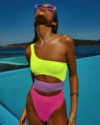 Sportliches Damen-Monokini-Badekleid in Neongrün, Violett und Pink
