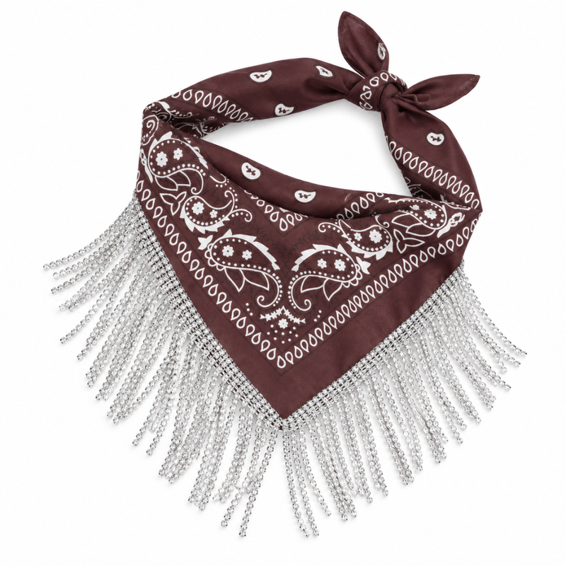 Vorderansicht des Bandana-Halstuchs in braun mit langen Glitzerfransen