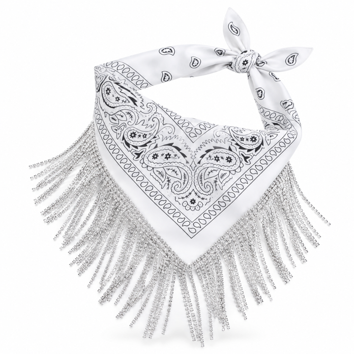 Weisses Classic Bandana Halstuch mit Glitzer Fransen 
