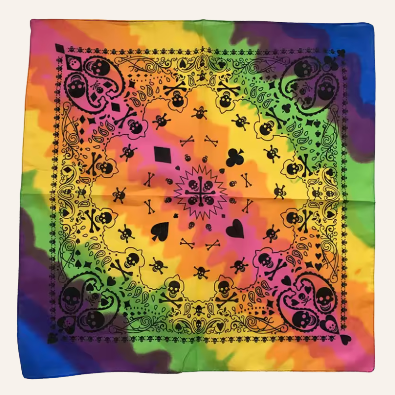 Rainbow Bandana Festival Tuch in Batik Farben mit Paisley und Totenkopf Print 