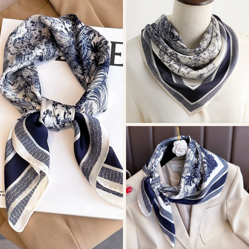 Luxury Chic Foulard Halstuch aus Satin Seide in blau-weiss 