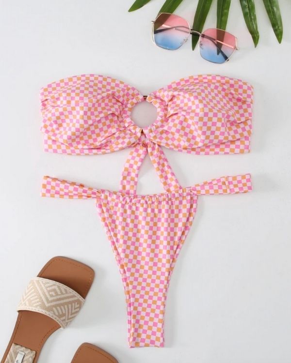 Bandeau Bikini aus Bandeau Oberteil und String Tanga mit weichem Band - Square Print Bademode