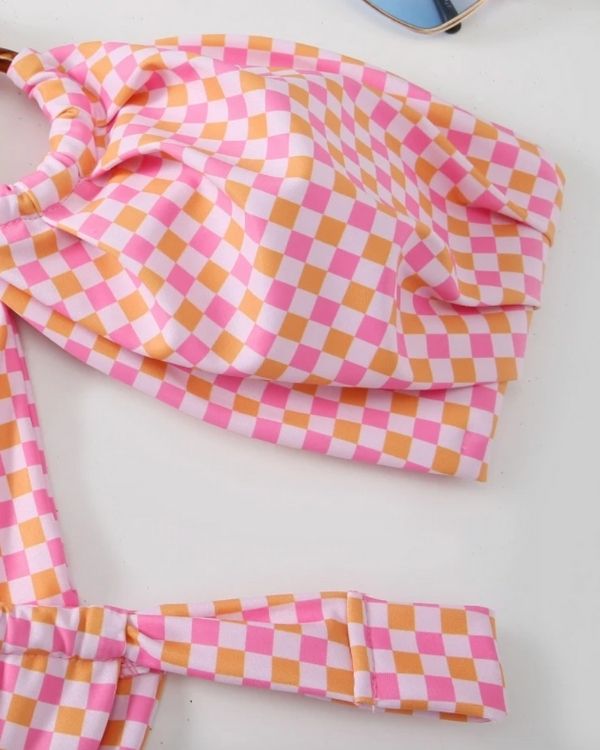 Pink Oranges Bandeau Bikini Set mit Quadratischem Print 