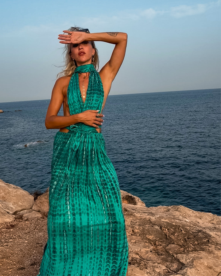 Elegantes Boho Sommerkleid Türkis | Baumwolle Sommerkleid mit Batik Muster 