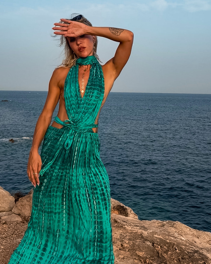 Luftiges Batik Kleid mit Bindegürtel | Türkis Farbiges Batik Kleid 