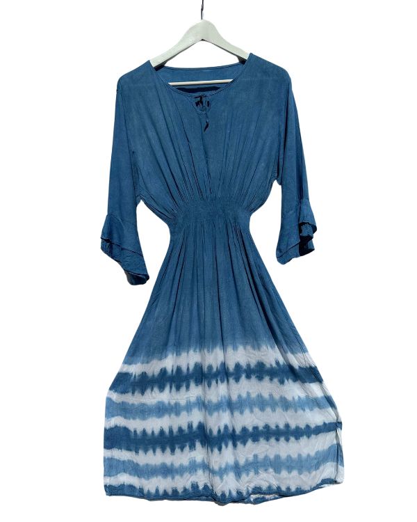 blaues Damen Batik Tie Dye Kleid aus Baumwolle 