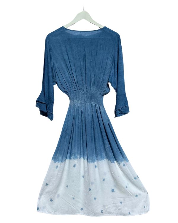 blaues Damen Baumwolle Kleid mit 3/4 Ärmel und elastischem Bund - langes Kleid 