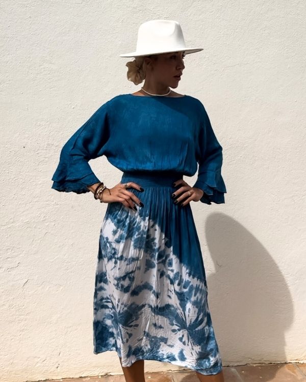 dunkelblaues Damen Baumwolle Kleid lang mit Ärmel und Batik Tie Dye Muster 