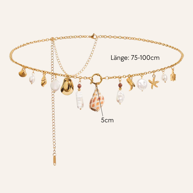 Goldene Bauchschmuck mit Seesternen und Perlen | gepunktete Muschel 