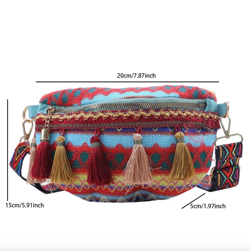 Boho Hippie Bauchtasche aus Hanf und Baumwolle mit Pompoms 