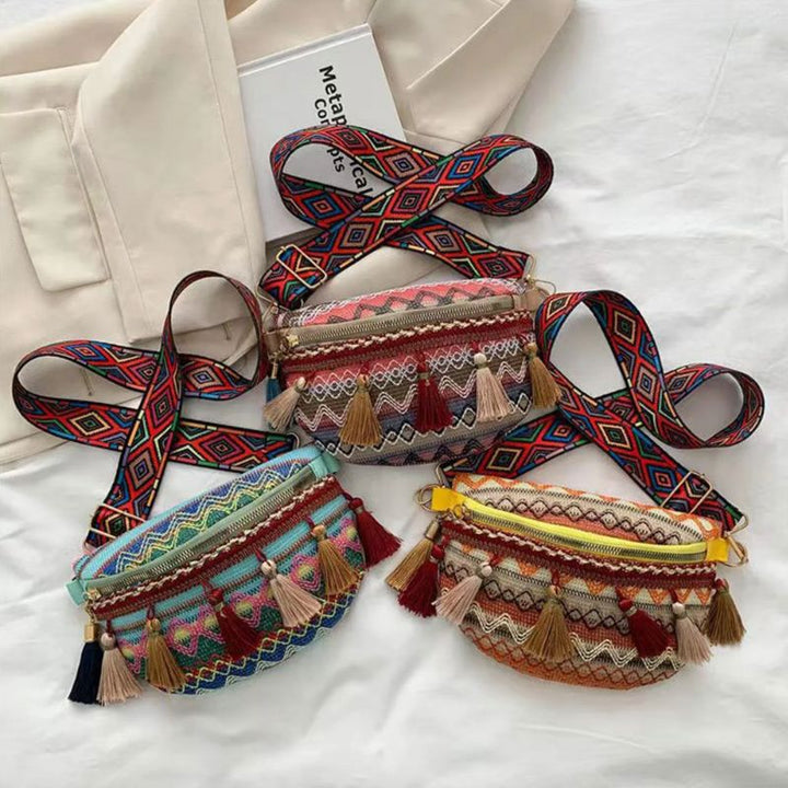 farbige Stofftasche Bauchtasche aus Hanf mit Pompom - Ethno Boho Bauchtaschen