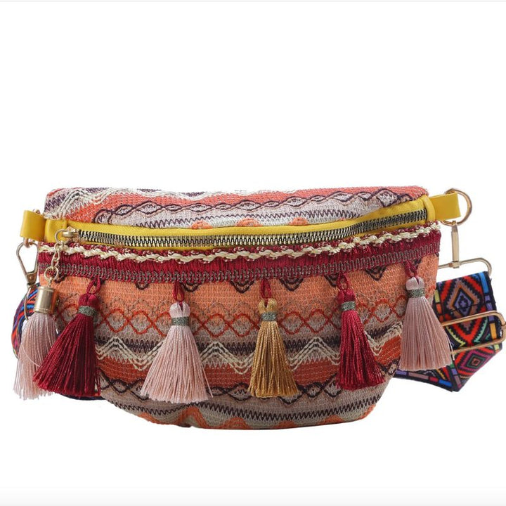 Boho Hippie Bauchtasche aus Baumwolle und Hanf mit Pompom, stillvollem Umhängeband und Pompoms 