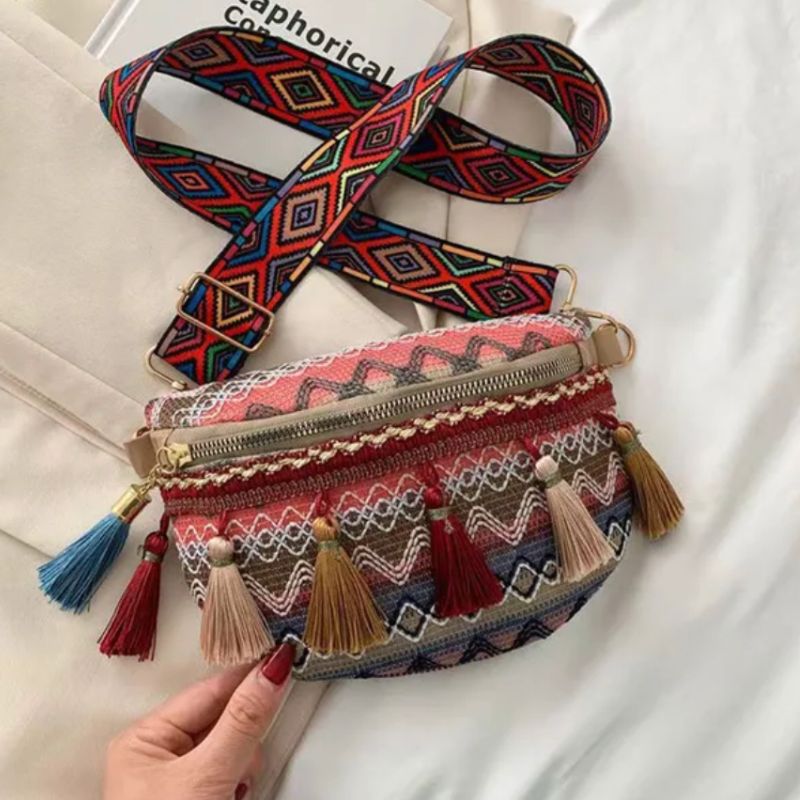 Rosa Grüne Beige Bauchtasche mit Umhängeband und Pompom - Hippie Boho Style 