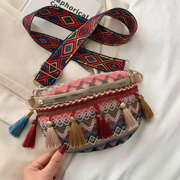Rosa Grüne Beige Bauchtasche mit Umhängeband und Pompom - Hippie Boho Style 