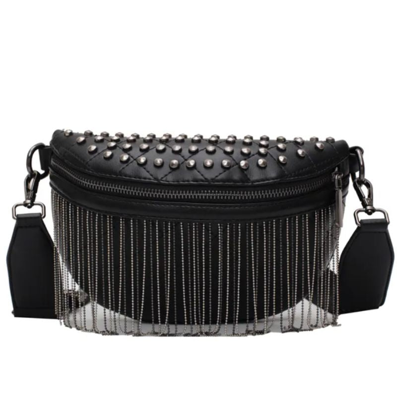schwarze Umhängetasche Bauchtasche mit Reissverschluss, Nieten und Glitzer Fransen 