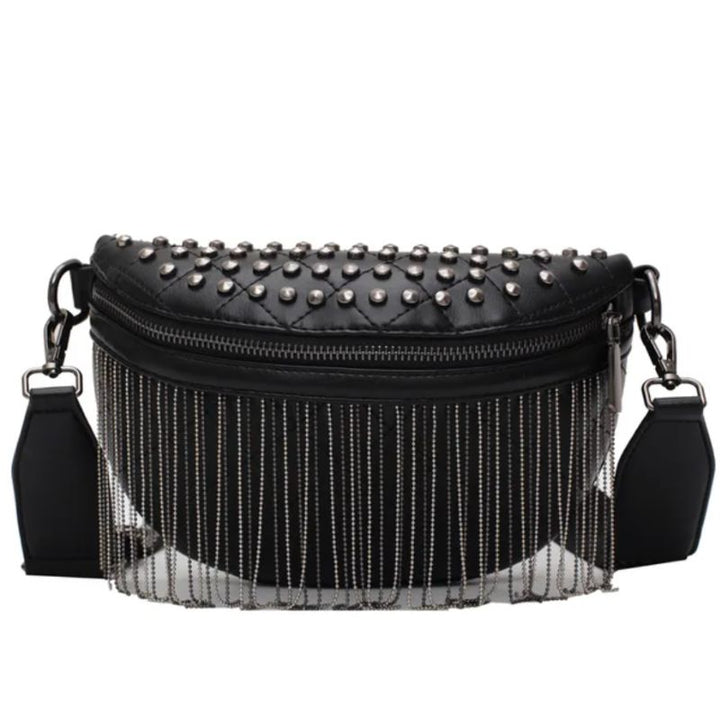 schwarze Umhängetasche Bauchtasche mit Reissverschluss, Nieten und Glitzer Fransen 