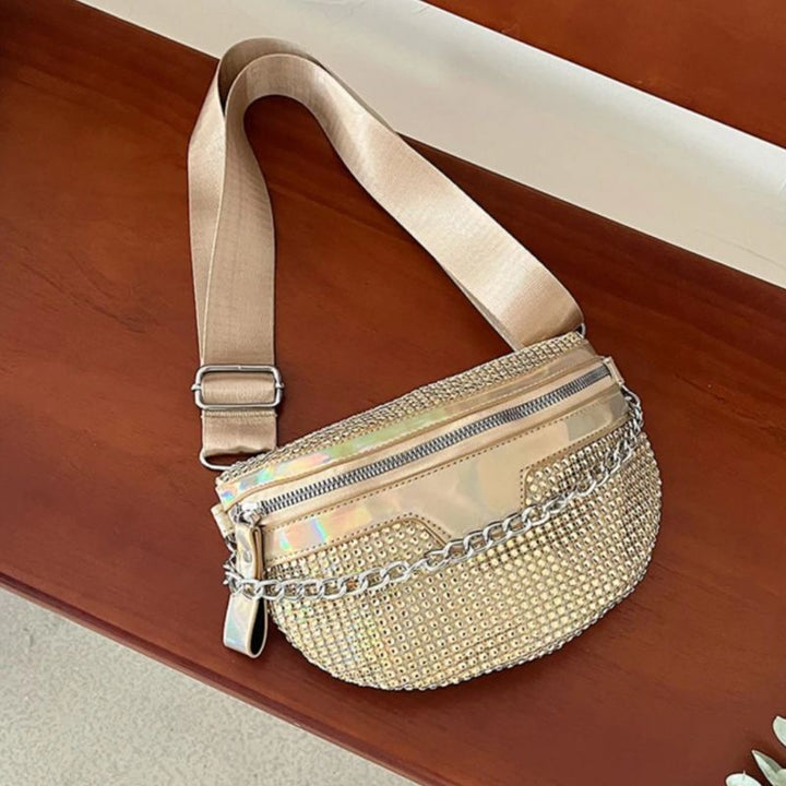 Goldene Bauchtasche mit Glitzersteinen und Reissverschluss - Festival Umhängetasche 