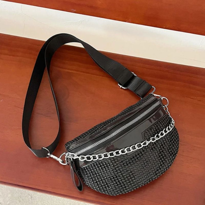schwarze Festival Party Umhängetasche Bauchtasche mit Glitzer Effekt 