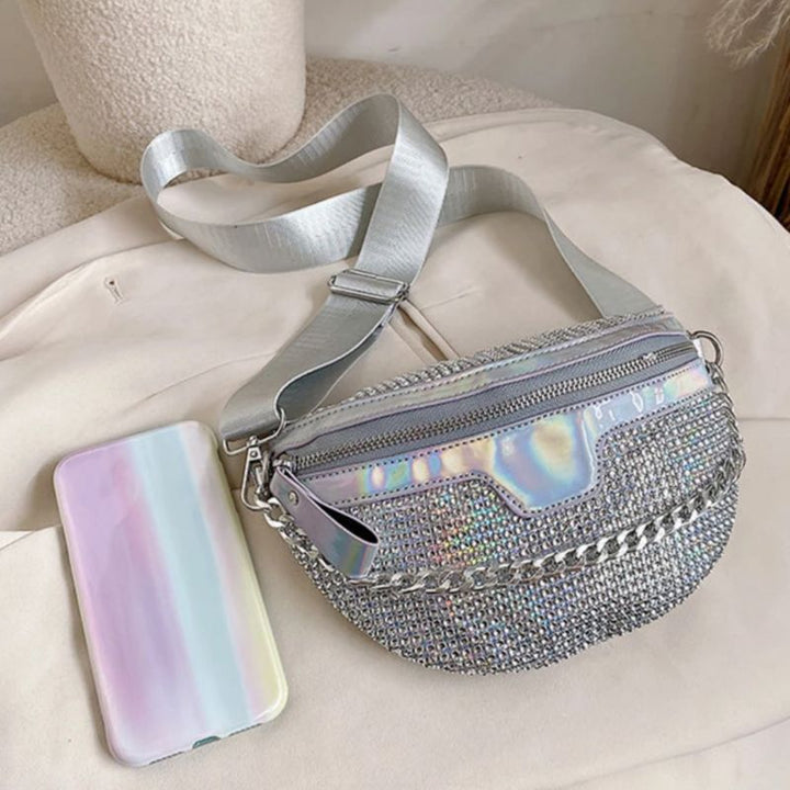 Silberne Glitzer Bauchtasche mit Glitzer Strasssteinen und Gliederkette 