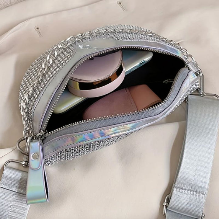 Silberne Glitzer Festival Umhängetasche, Bauchtasche mit Strasssteinen 